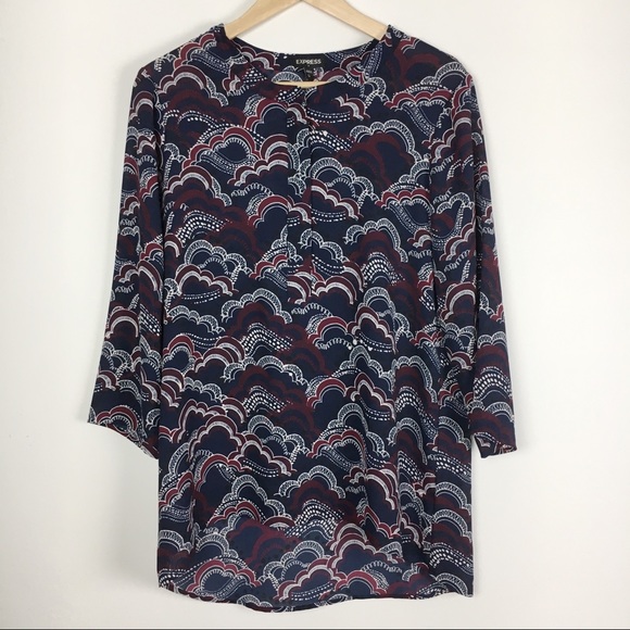 New Express Dark Blue & Burgundy Cloud Tunic Top M - Picture 2 of 7